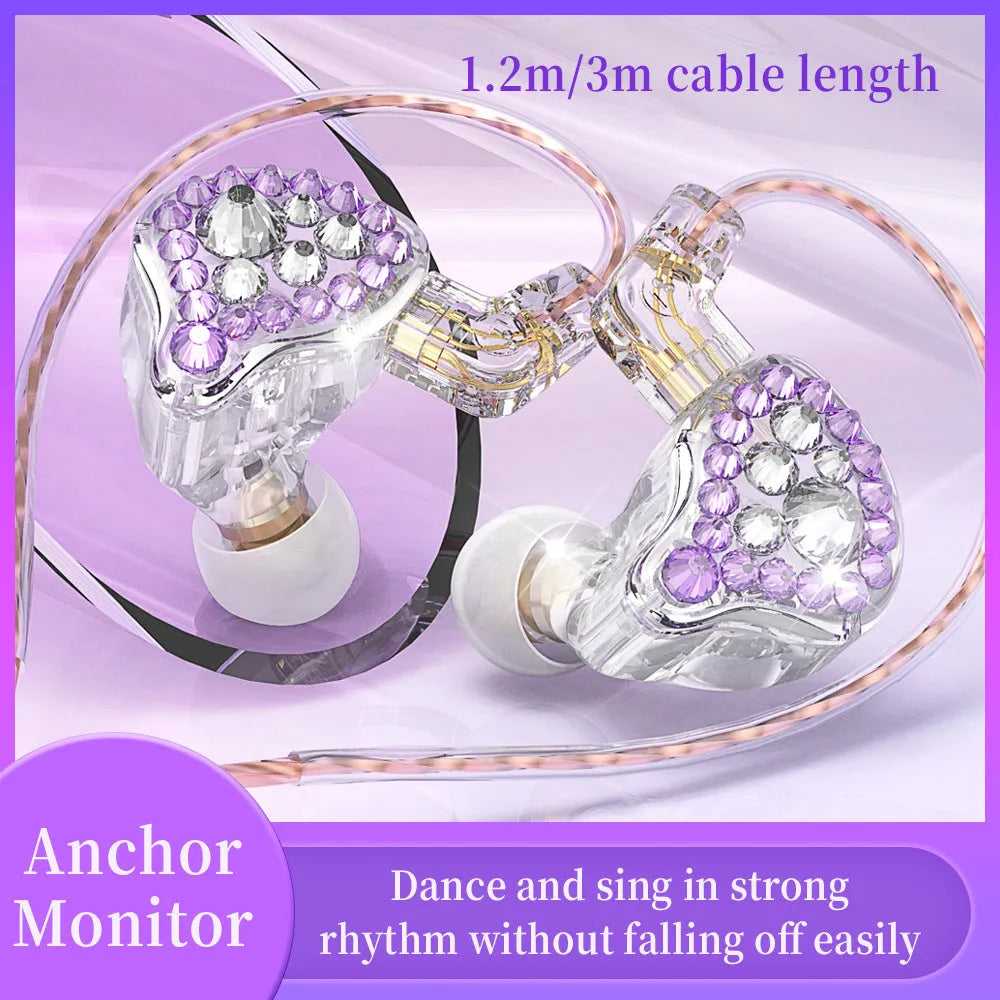 Girls' diamond embedded HiFi ear loop earphones, 3.5mm wired straight plug, wheat pink or purple, 1.2m or 3m cable.