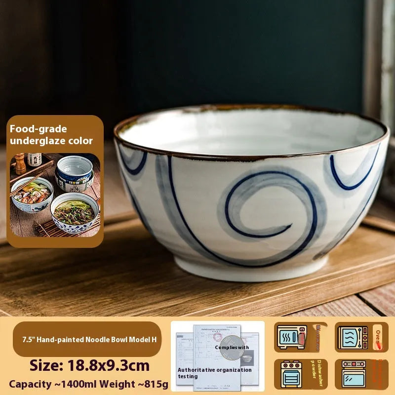 Ceramic hand-painted underglaze colour noodle bowl round 6 inch Japanese style retro soup bowl