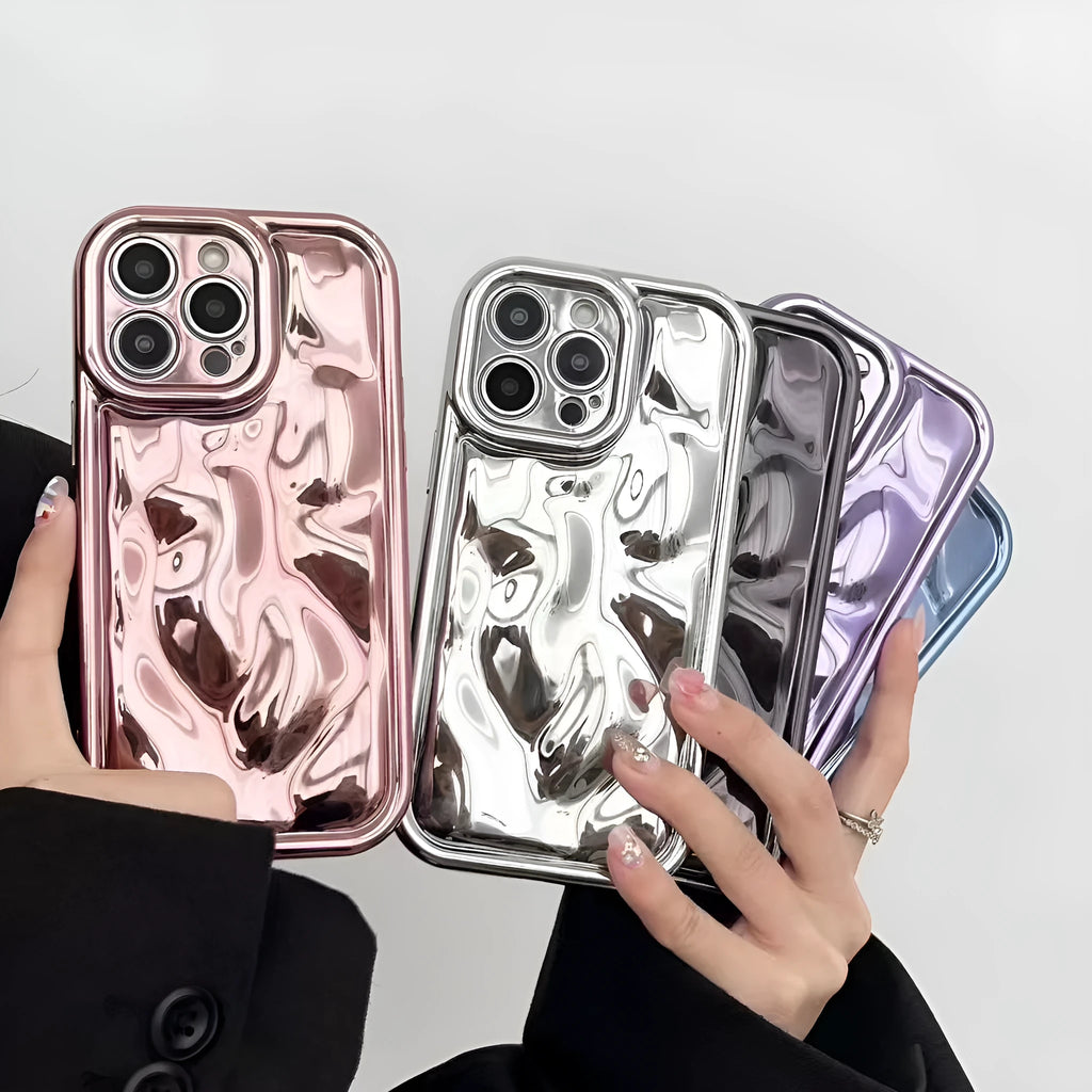 All-inclusive electroplated meteorite pattern TPU phone case for iPhone, shown in black, silver, blue, purple, and rose gold.