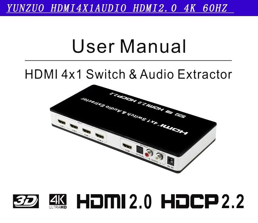 Black 4-port HDMI audio video switch with remote control and 10-metre HDMI cable
