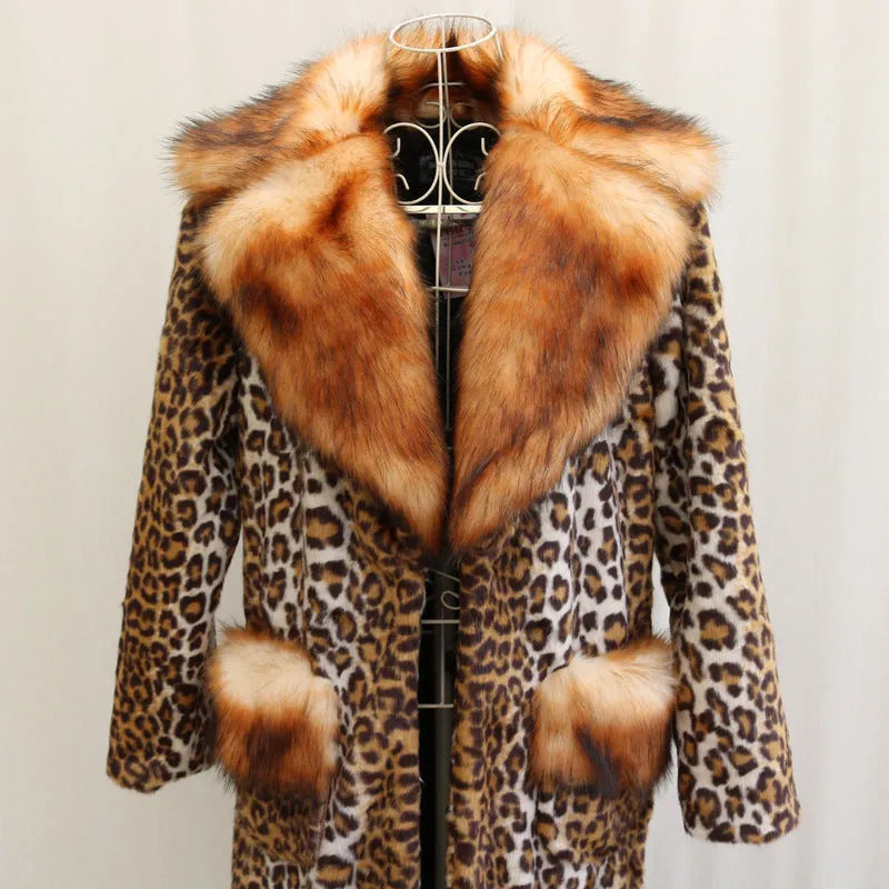 Long leopard print artificial fur jacket for women on a model.