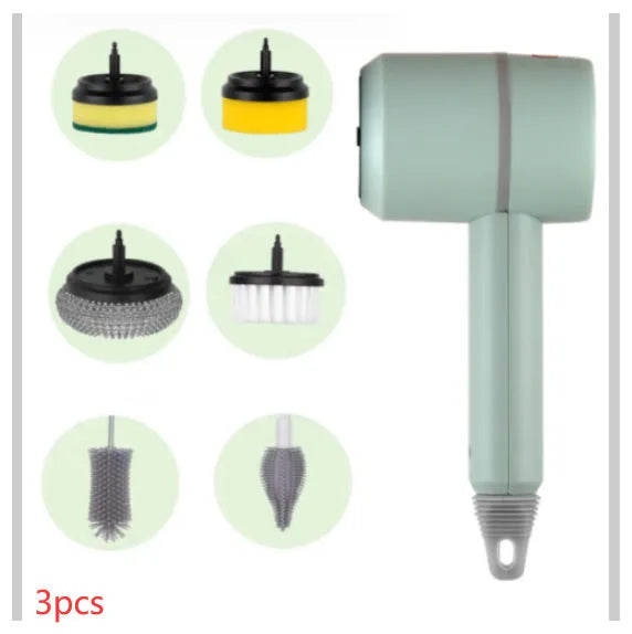 White electric cleaning brush with rotating scrub head and separate scouring pad attachment