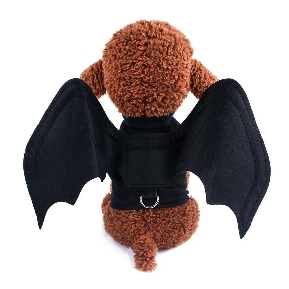 Black cloth bat wing pet costume on a dog or cat with 3D foldable wings and bat bell