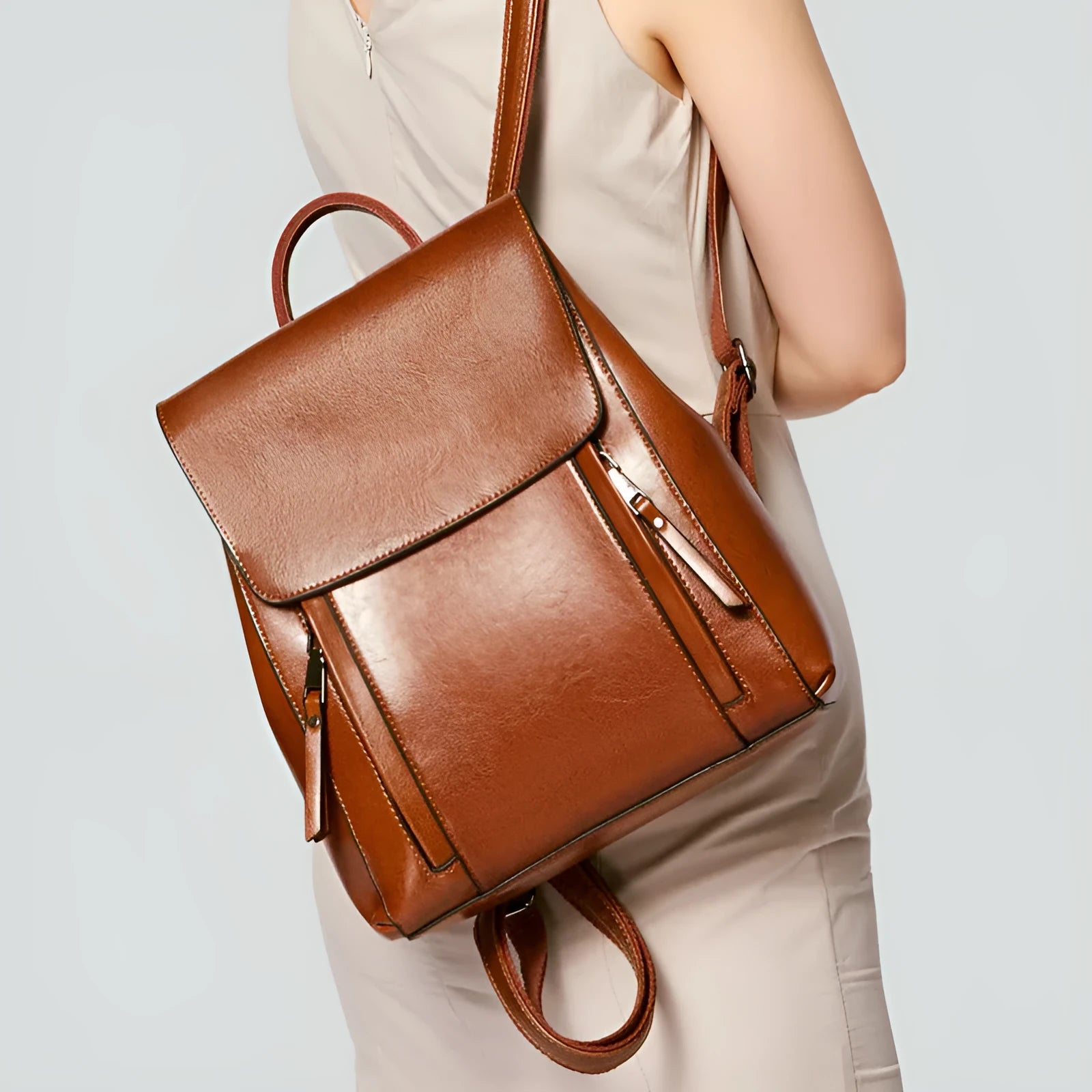 Genuine leather ladies backpack, large square vertical shape, black, with zipper pockets and double straps