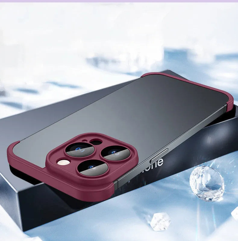 Dark purple corner pad TPU mobile phone case for iPhone with built-in glass lens film over camera.