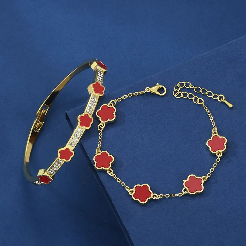 Five petal flower lace bracelet two-piece set in copper with electroplated finish, white colour variant TZ-809