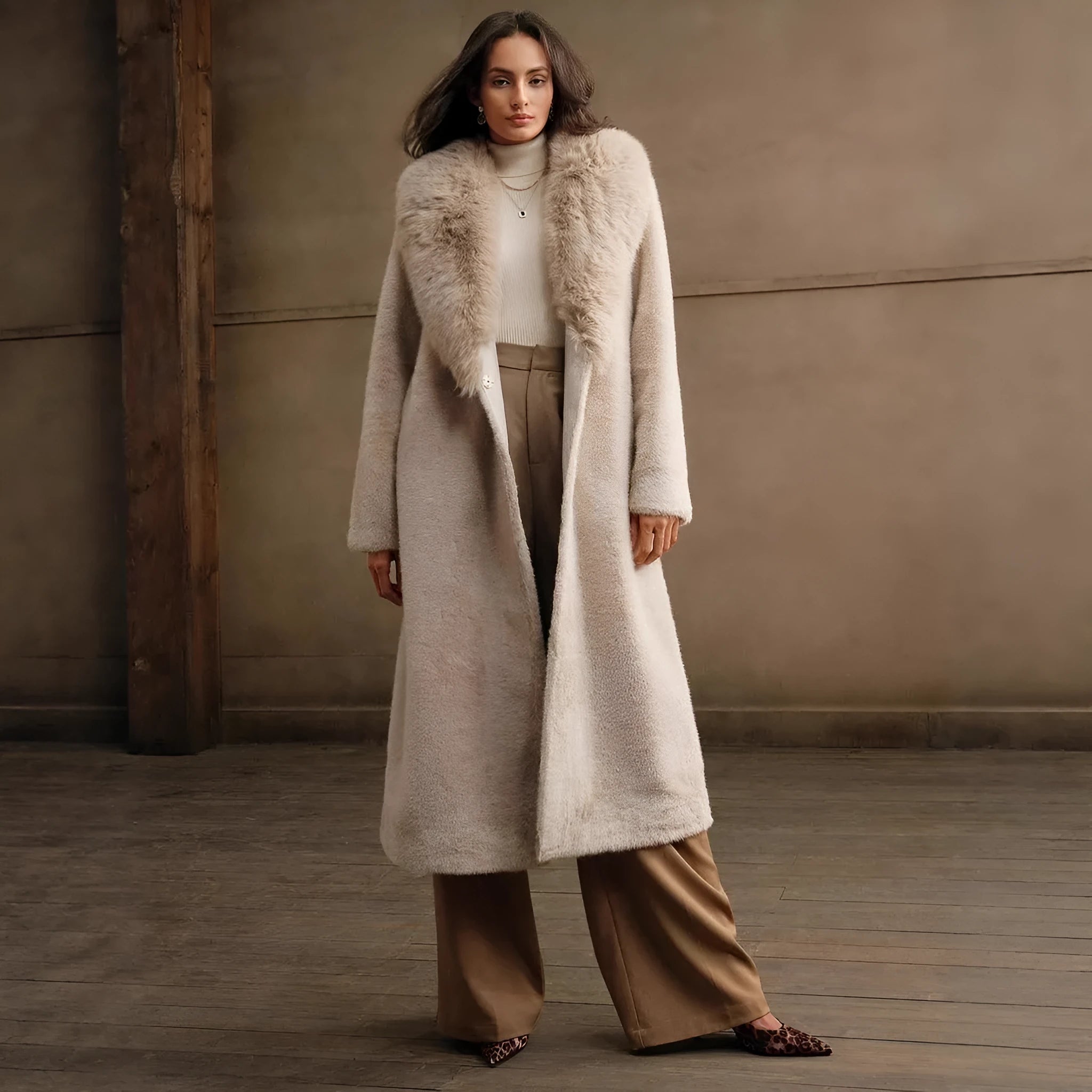 Women's lengthened 100cm faux fur coat in wine red or camel colour with regular sleeves