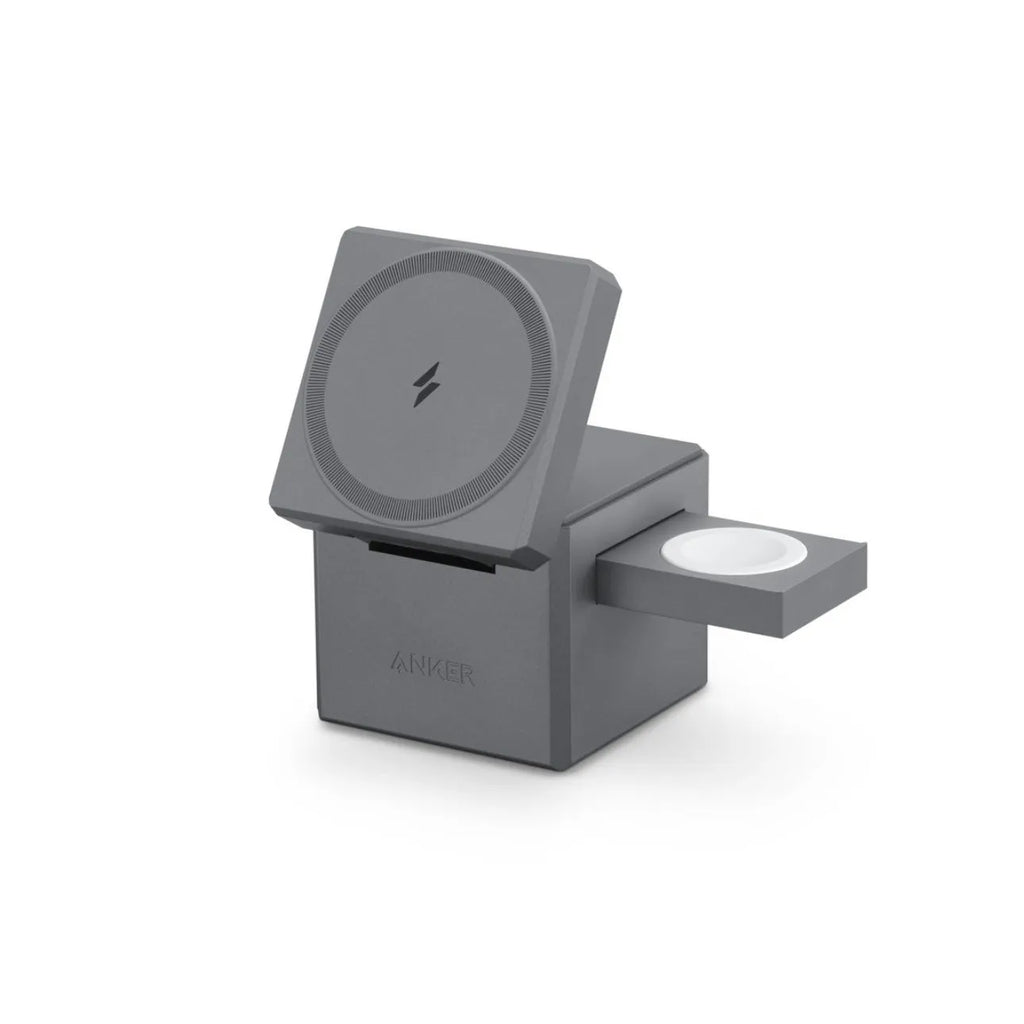 Foldable magnetic wireless charger showing iPhone AirPods and Apple Watch charging simultaneously