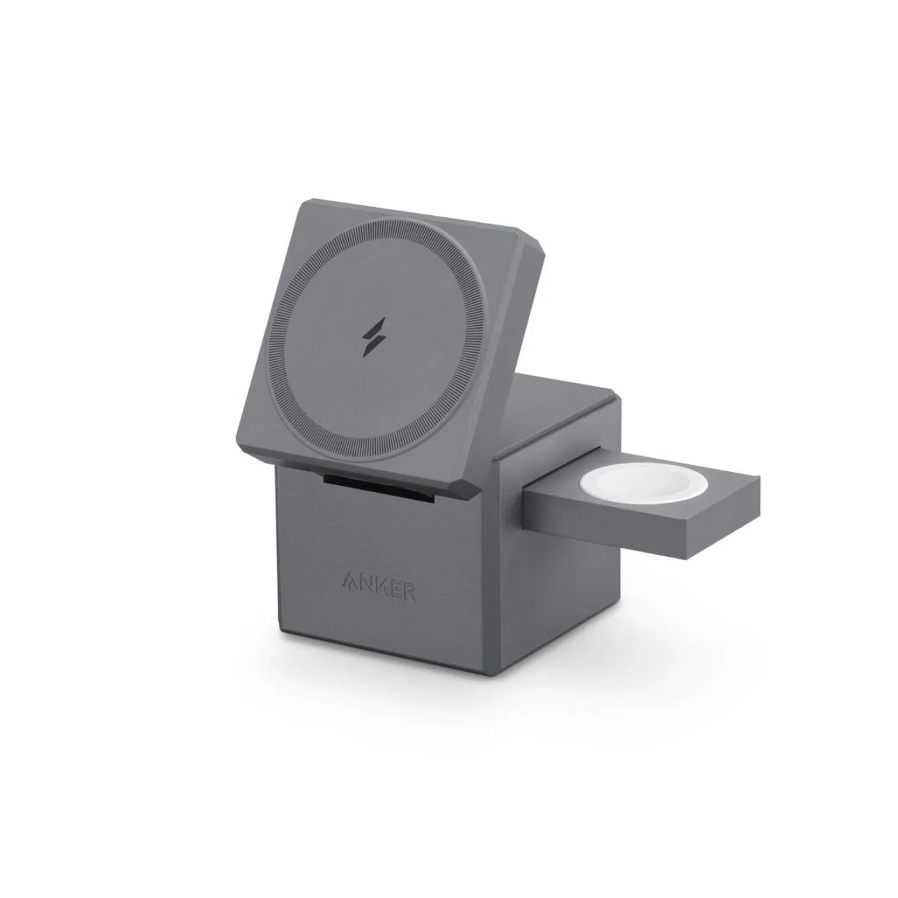 Foldable magnetic wireless charger showing iPhone AirPods and Apple Watch charging simultaneously