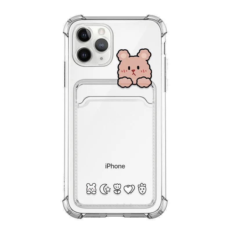 Clear cartoon-design TPU phone case with a card slot, shown next to an iPhone.