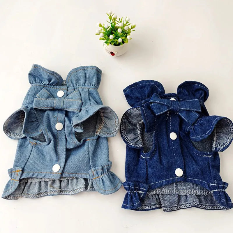 Blue denim dog dress with ruffles and built-in leash hook harness on chest and back