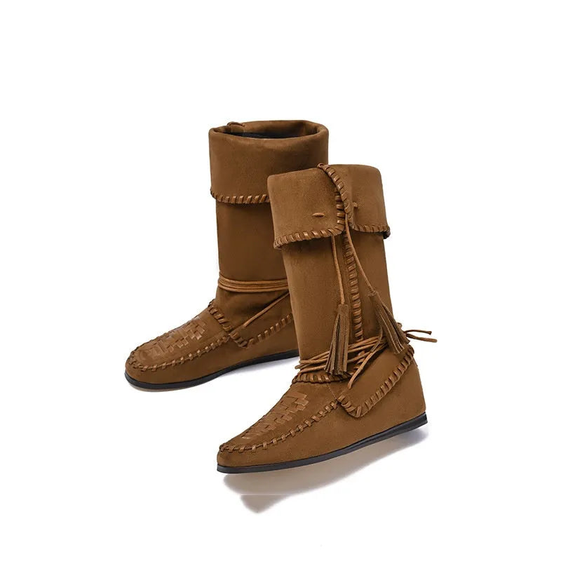 Mid-top western cowboy boots in brown or black with suede leather lining, square toe, low flat heel and rubber sole.