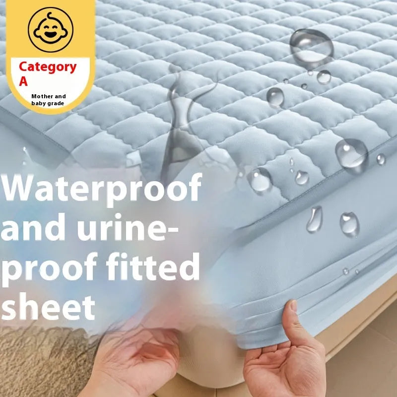 Blue waterproof fitted sheet with elasticated corners on a mattress.