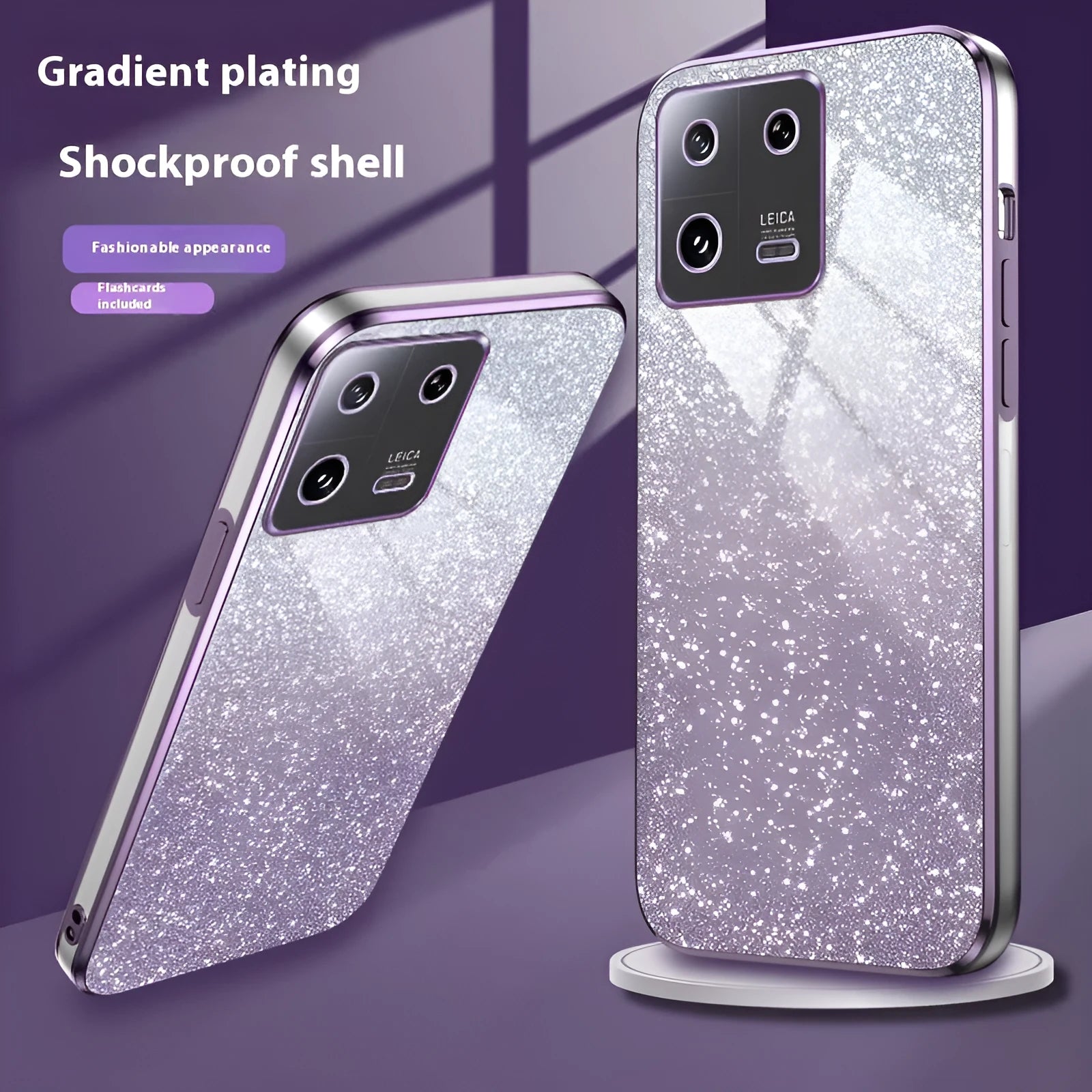 Gradient glitter electroplating phone case for Xiaomi showing purple colour with fine holes