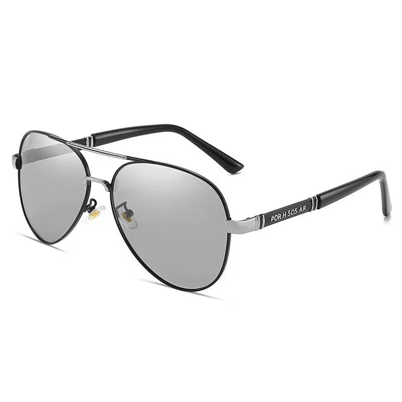 Men’s polarized metal sunglasses with grey lenses, black frame and dragon phoenix detail