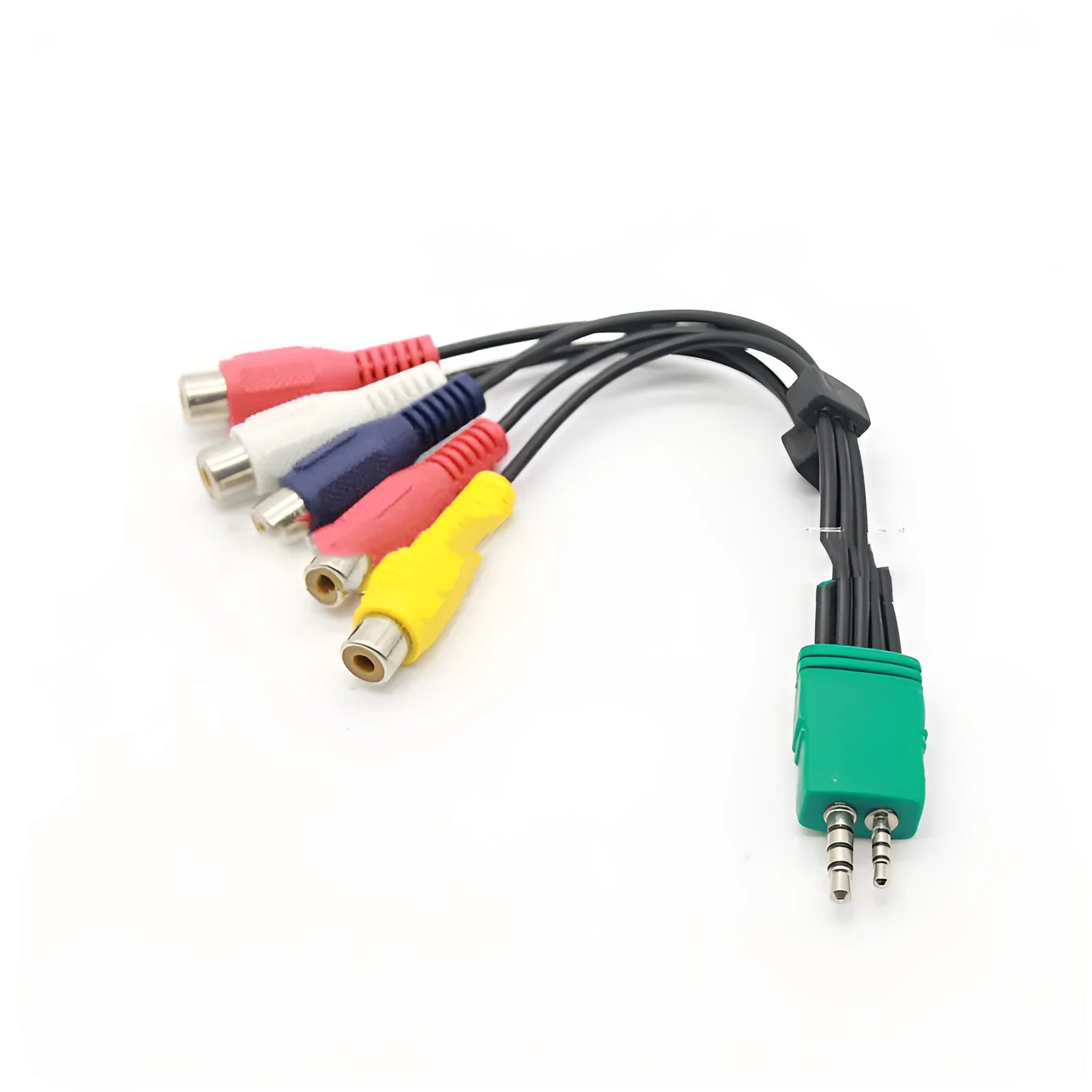 Black tinned copper AV cable with 3.5mm plus 2.5mm plug on one end and five RCA connectors on the other, 18cm length