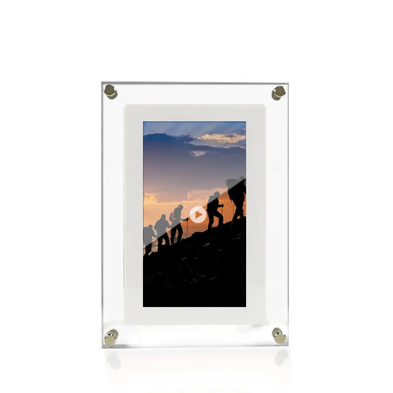 White vertical digital picture frame with 5-inch screen on a table