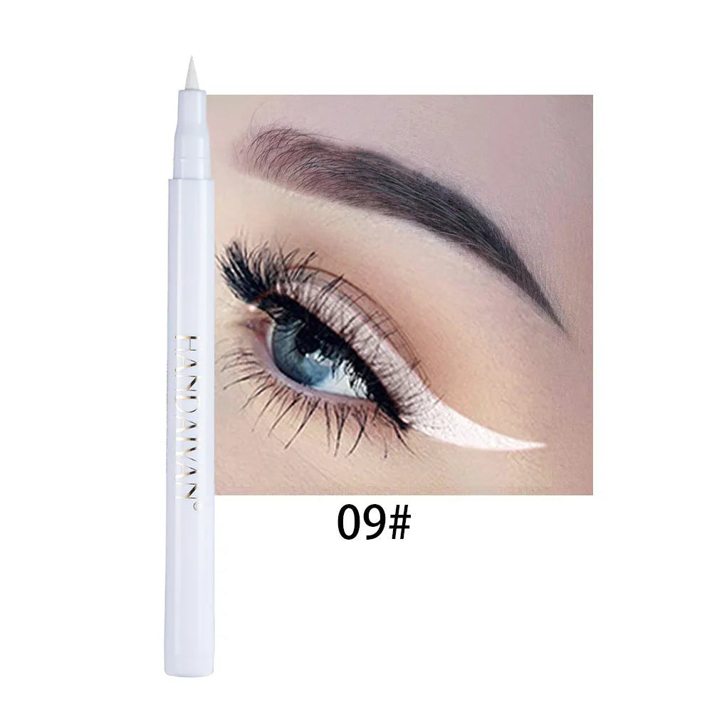Twelve matte liquid eyeliners in assorted colours, each 1.6g, with fine tip for precise application