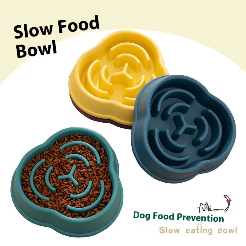 Plastic pet slow feeding dog bowl in colour option with anti-skid base and anti-choke design