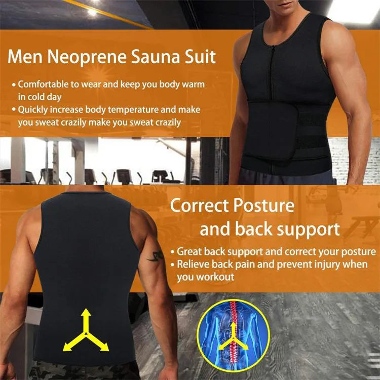 Men's double-belt waist trainer vest in black neoprene, front view, showing adjustable belts