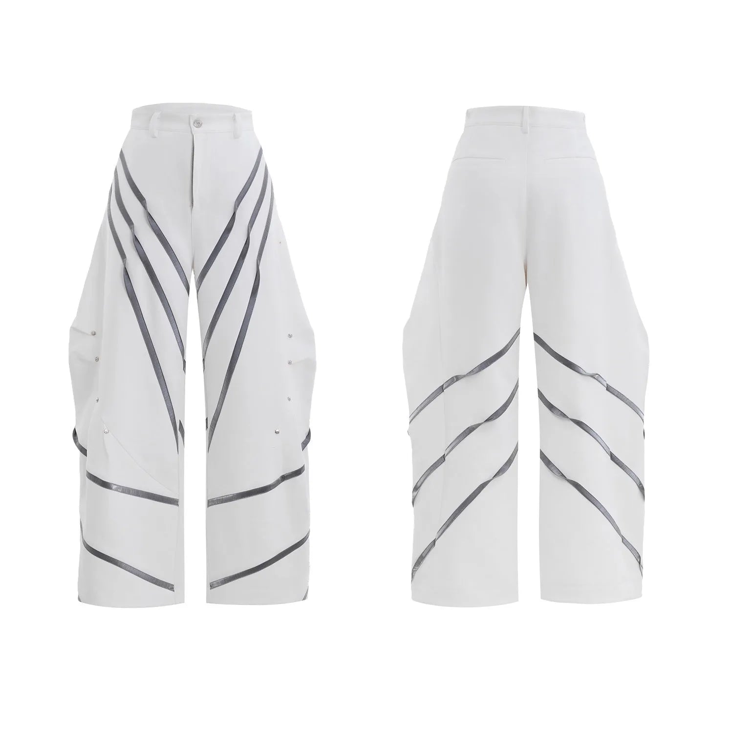 Men's black polyester trousers with three-dimensional cut and metal striped rivets on the pleats.
