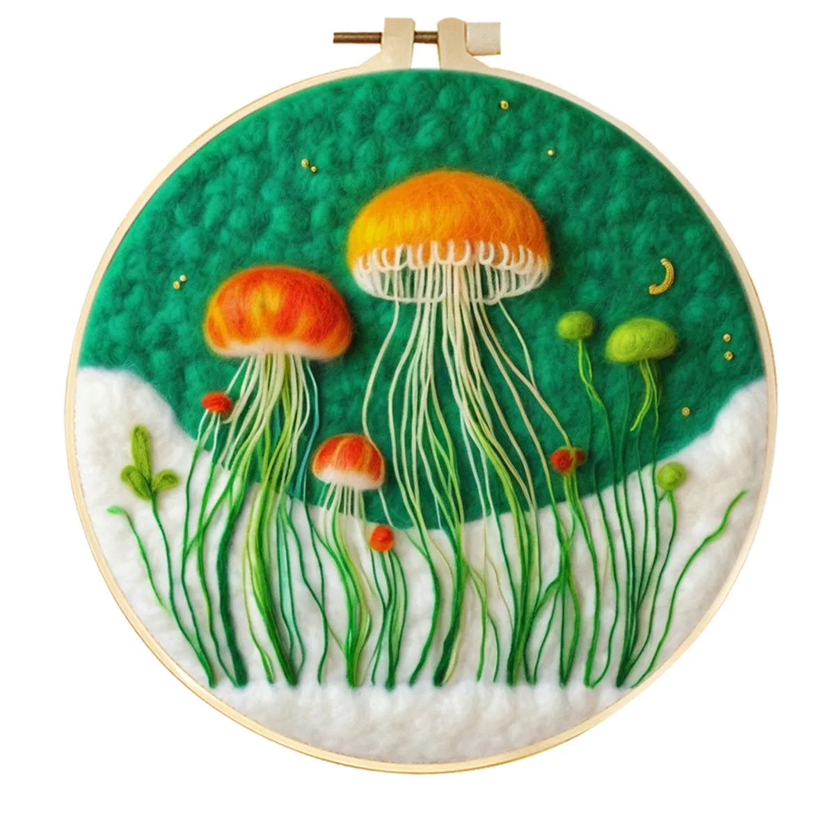 Round linen embroidery frame with wool felt floral decoration kit for three-dimensional wall art