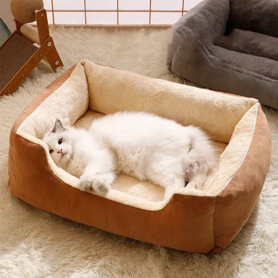 Short plush pet bed cushion for cats and small dogs in grey colour
