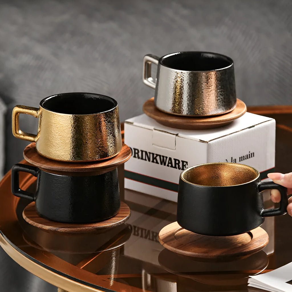 Gold-plated gift box and tumbler coffee cup set with 250ml capacity for office gifting.