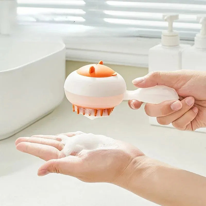 Automatic cleaning pet bath brush with soft gel massage heads in blue and orange colour options