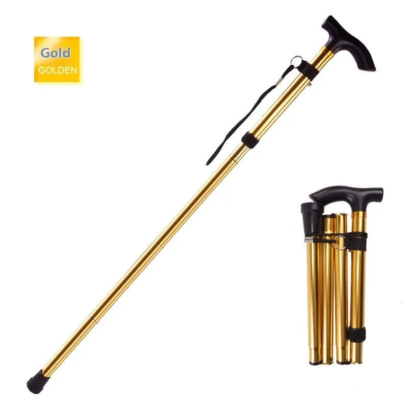 Aluminium folding walking cane extended to show adjustable height and non-slip handle.