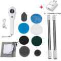 White rechargeable handheld cleaning brush with multiple power adapters for household use