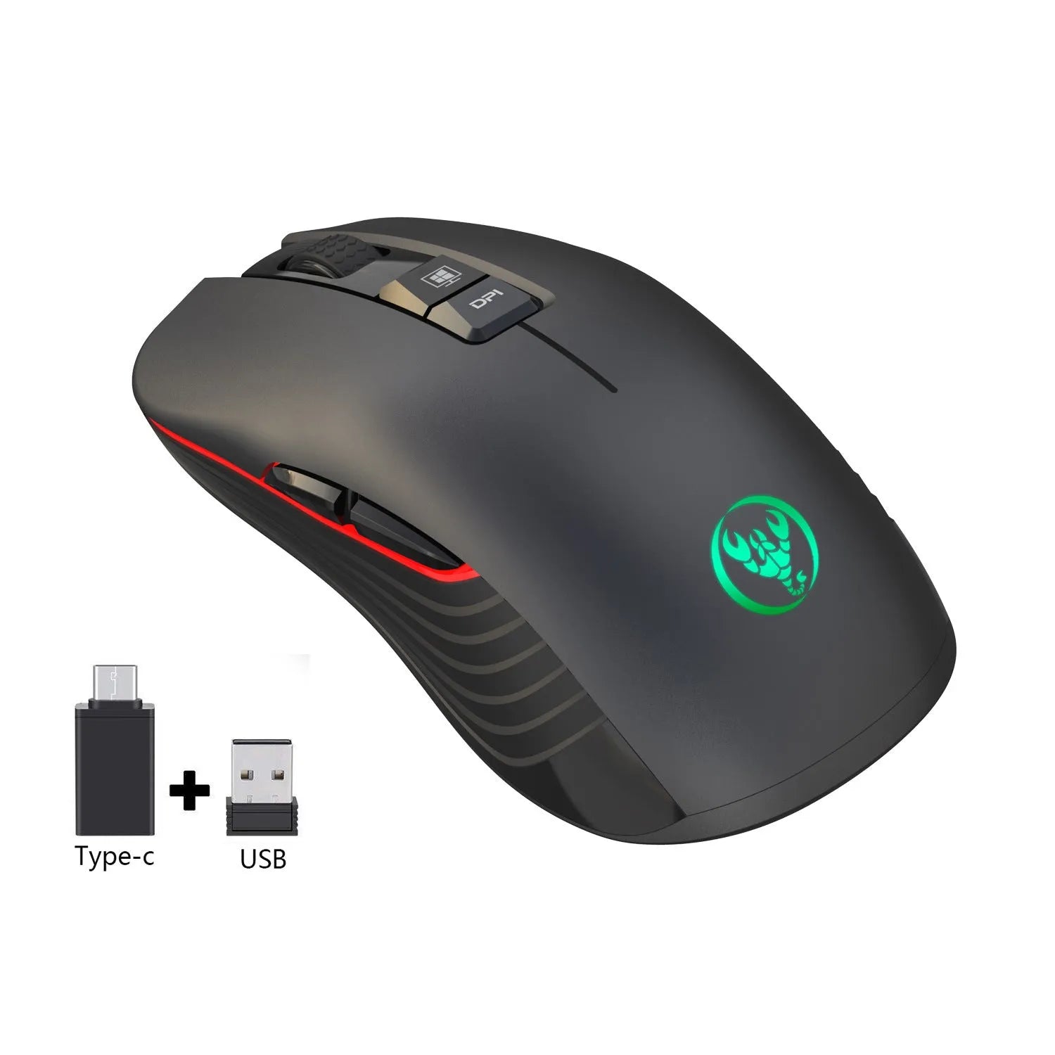 Black wireless gaming mouse with seven colour breathing lights showing adjustable DPI buttons and ergonomic shape