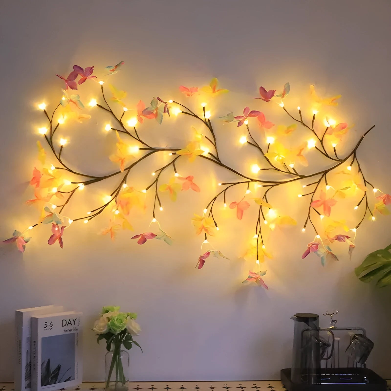 USB-powered LED butterfly tree rattan lamp with flexible branches and remote control
