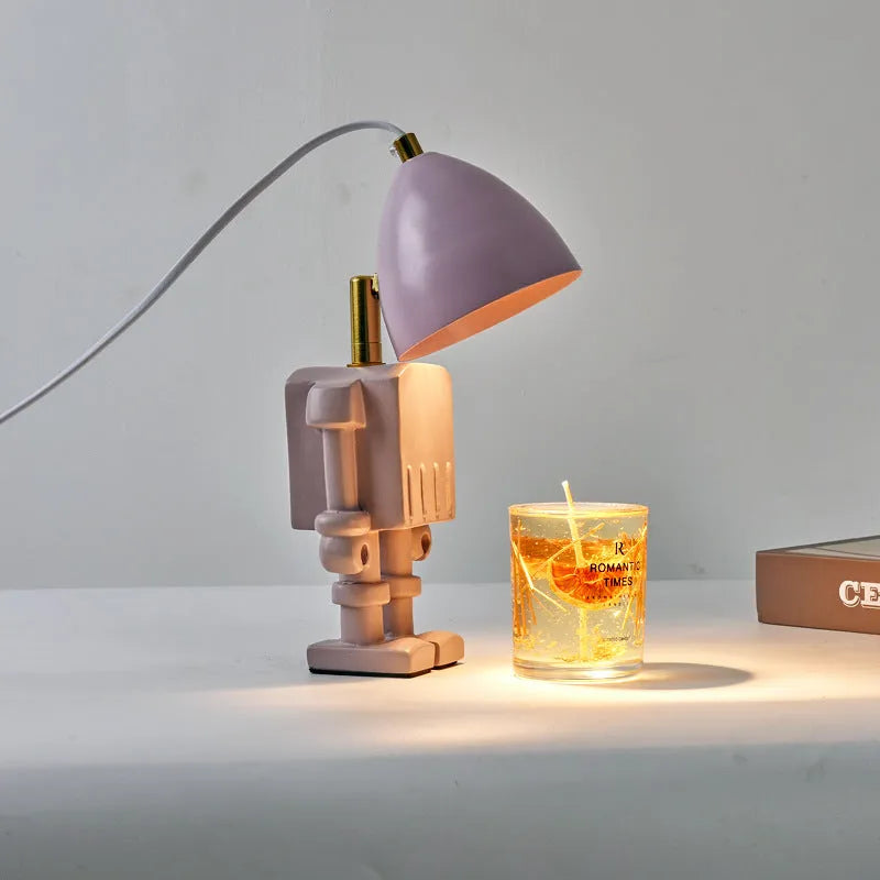 Robot aromatherapy wax lamp in white with resin hardware, dimmable fragrance table lamp 30.5cm tall