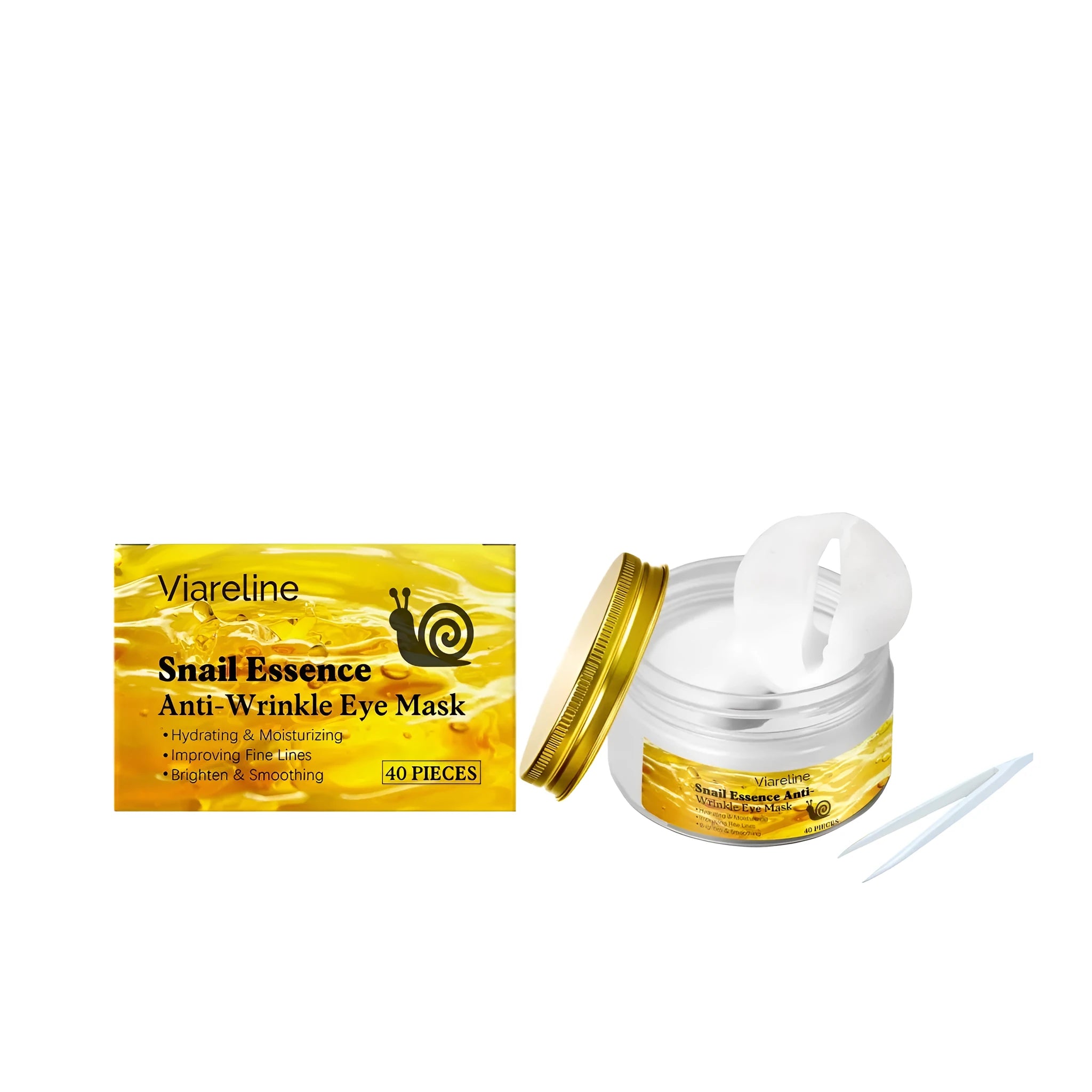 Snail Light Wrinkle Eye Mask 40 pack and tweezers on a white background.