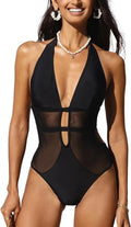 Black women's one-piece swimsuit with V-neck hanging neckline and mesh detailing