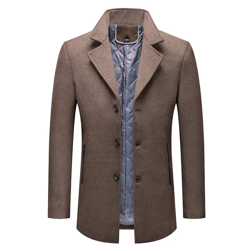Men's loose fit cotton padded coat in camel, side view showing zippered pockets