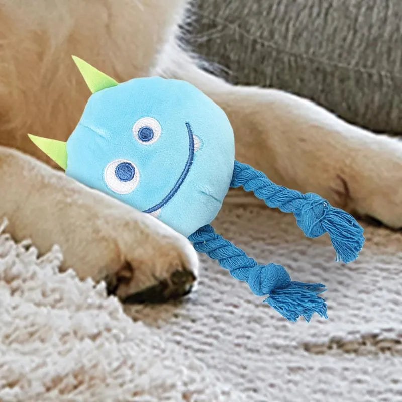 Blue and yellow cartoon character dog squeaky toy with strong knot rope design