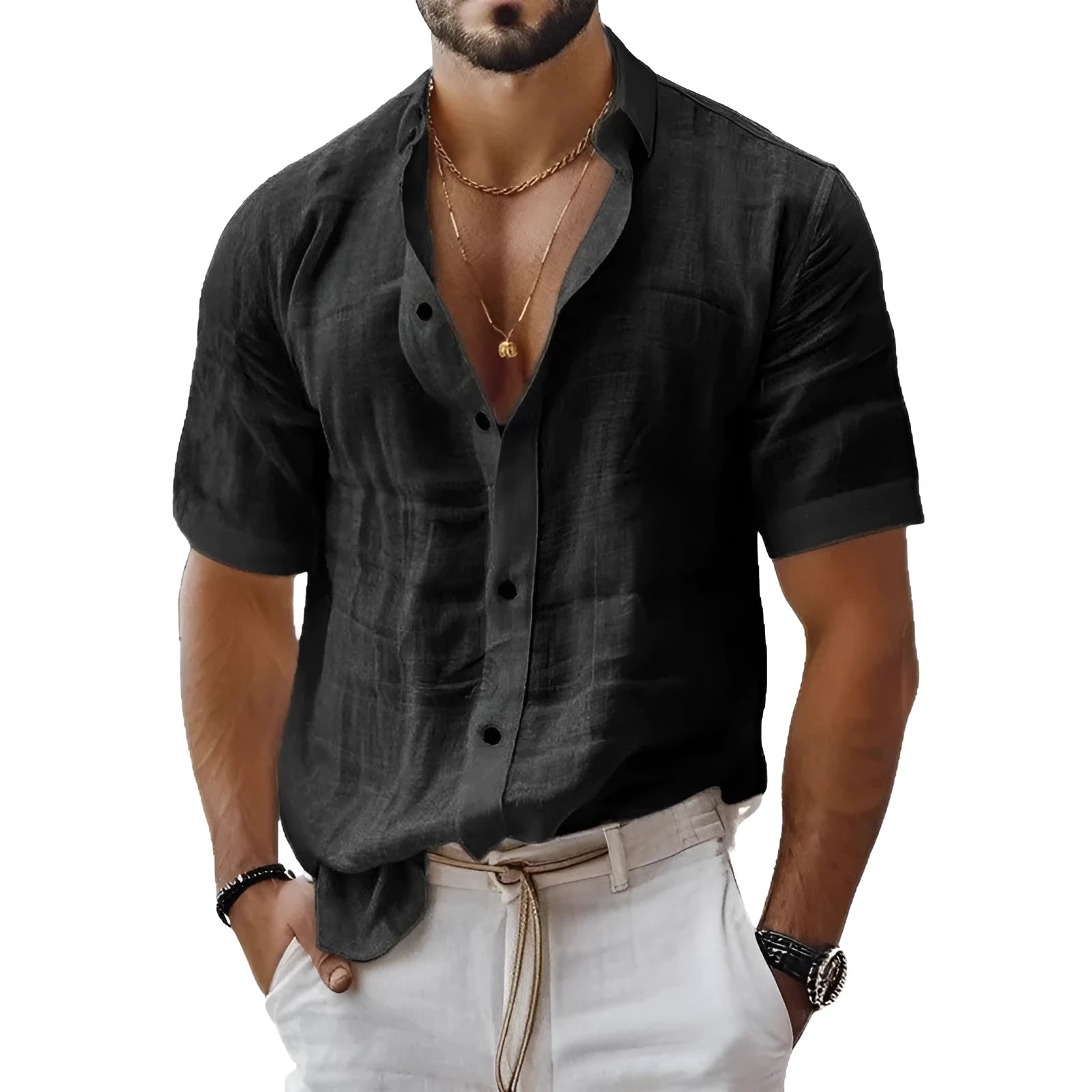 Men's short sleeve lapel shirt in polyester blend fabric showing cardigan style and lapel collar