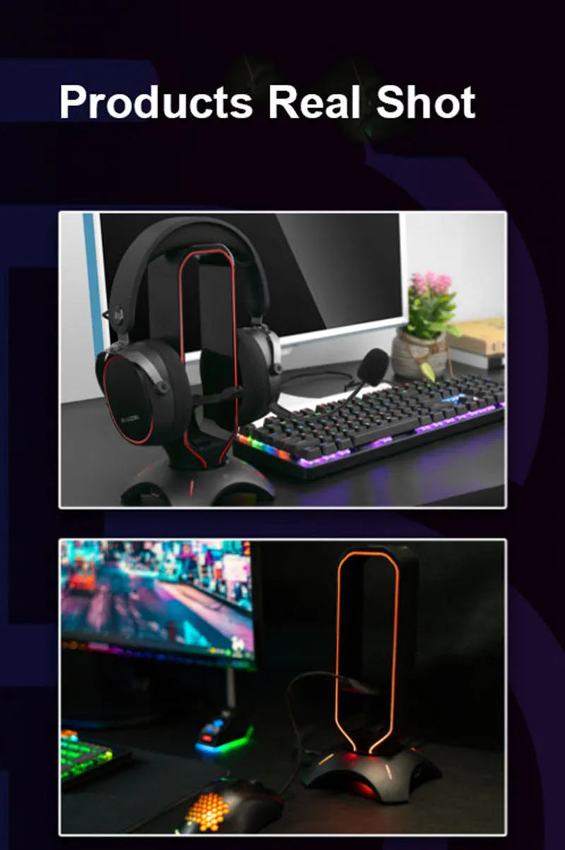 RGB gaming headphone stand in black with headset, measures 252.5x128.5x128.5mm