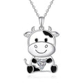 Silver alloy children's necklace with cartoon cow pendant and heart-shaped gem on O-shaped chain