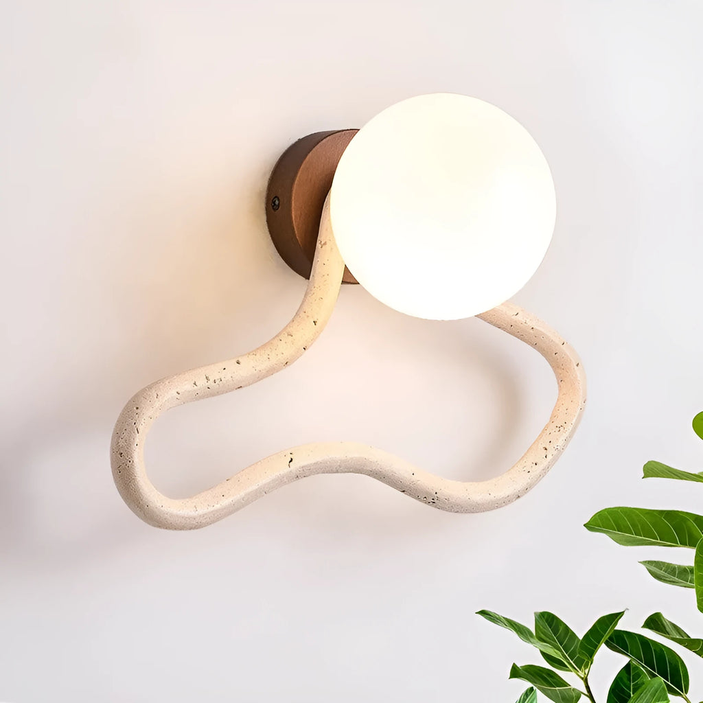Cream Middle Ancient style bedroom wall lamp with travertine glass shade and solid wood base