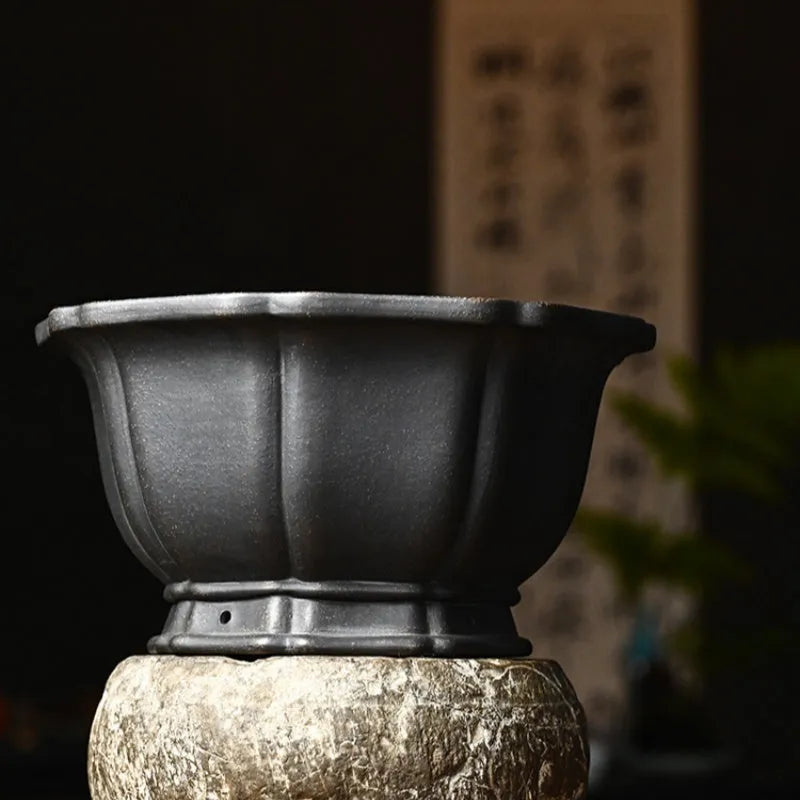 Handmade purple sand round flower pot with ancient copper clay finish for lotus begonia and indoor plants