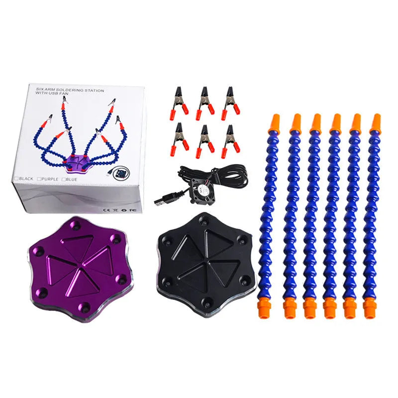 Six jaw aluminium alloy welding station with seven arms on a non-slip base, shown in black and purple colour options.