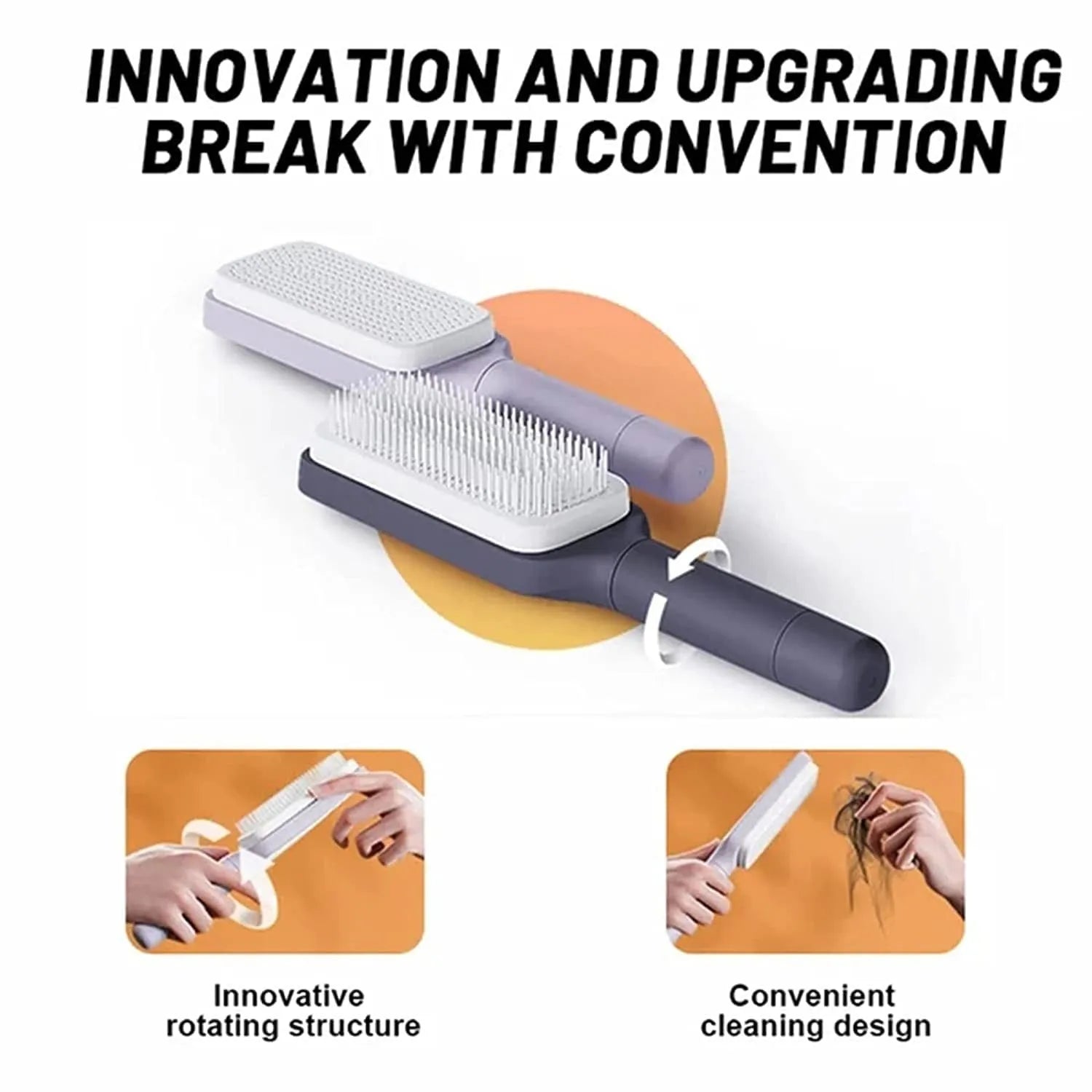 Roland purple self-cleaning hair brush with rotating telescopic handle and anti-static bristles.