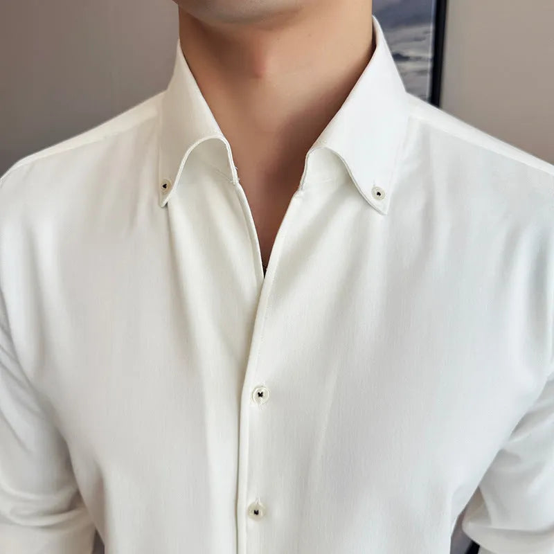 Men's slim fit denim shirt in chemical blend fabric available in blue, black and white