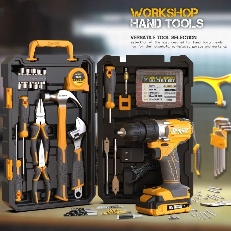 82-piece grey yellow tool kit for furniture installation with chrome-vanadium steel tools