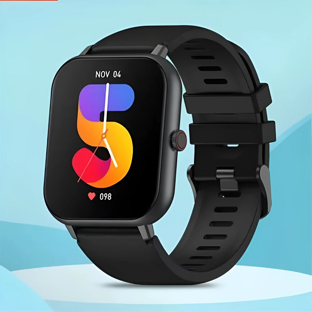 Bluetooth smart watch in black with a wrist strap, showing a TFT touchscreen display.