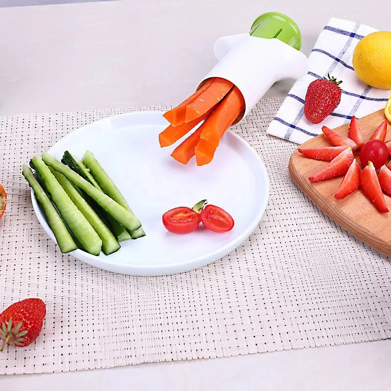 White kitchen vegetable and fruit slicer with six stainless steel blades.