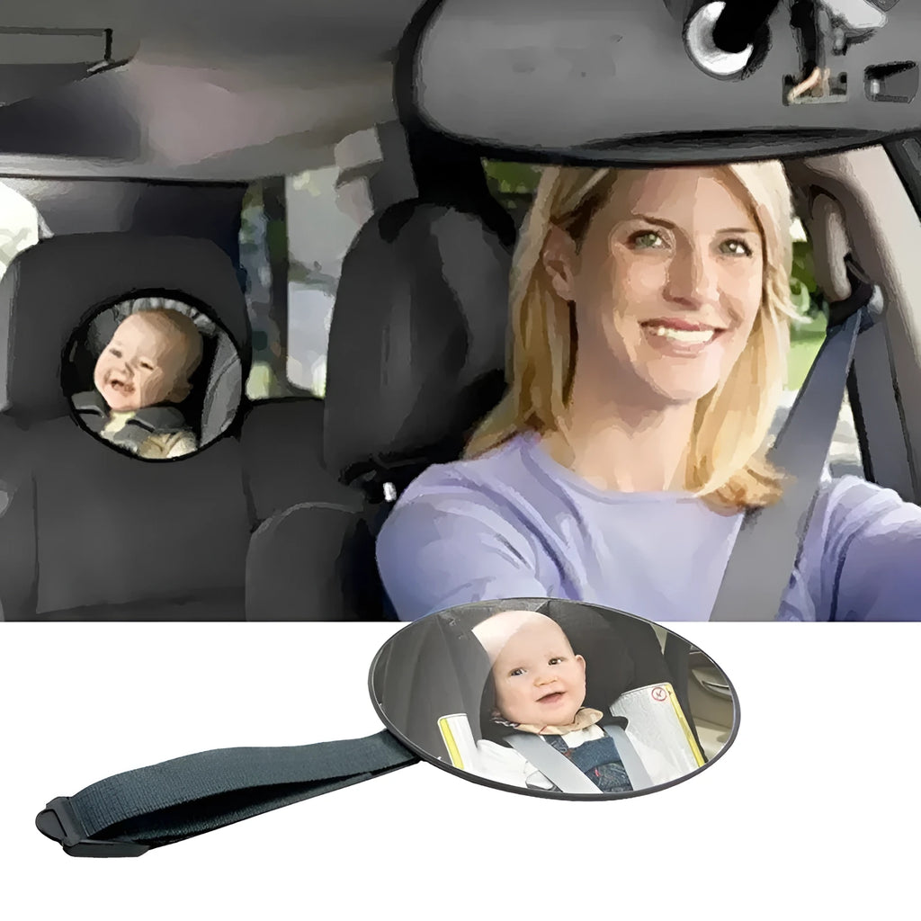 Black ABS baby safety seat rearview mirror with circular 17cm glass and adjustable strap on car headrest.